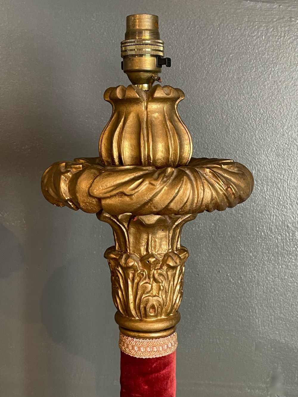 Pair of Vintage giltwood and red velvet floor lamps View IV
