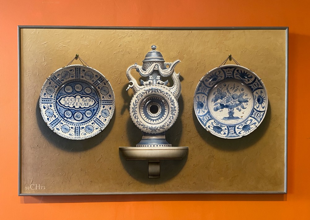 Frederick Clifford Harrison Trompe L'Oeil painting of Delft plates