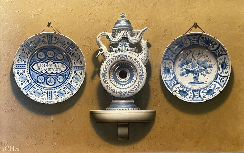 Frederick Clifford Harrison Trompe L'Oeil painting of Delft plates View II