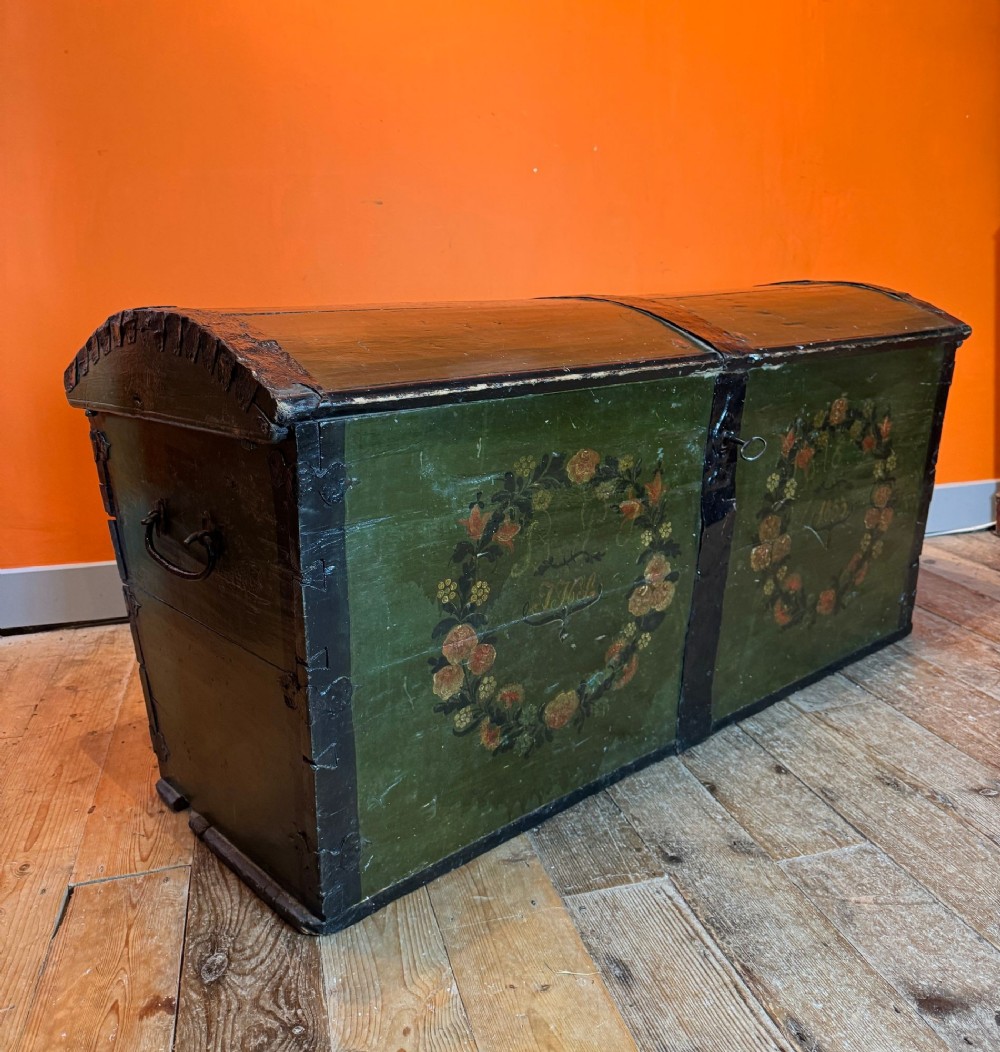 Early 19th Century Swedish Painted Dome Top Marriage Coffer
