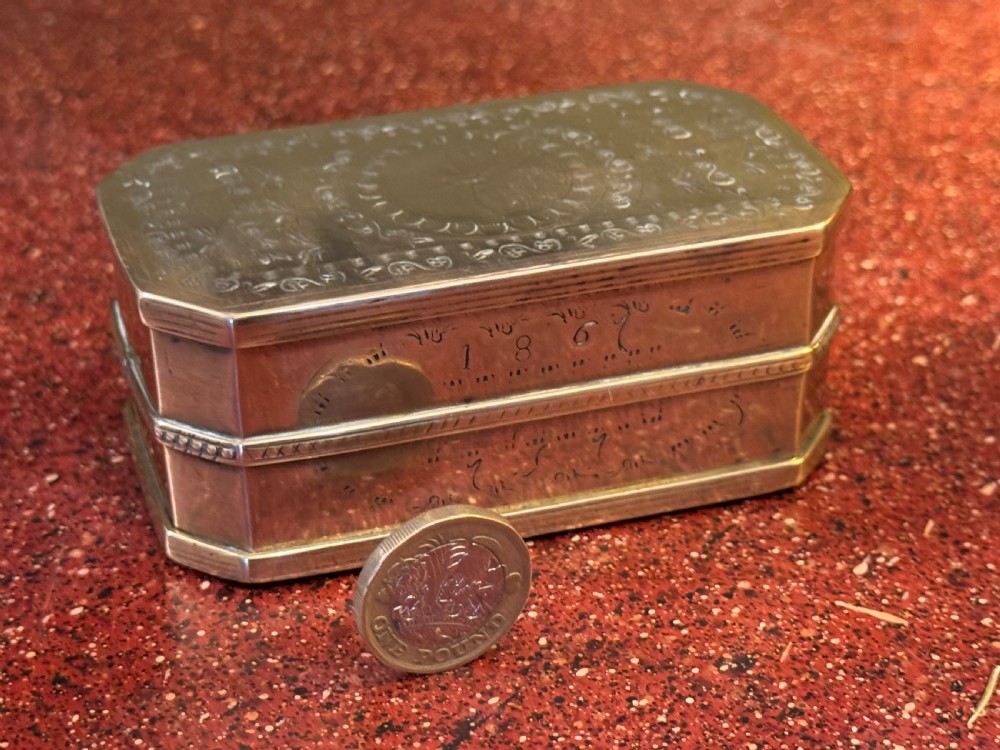 Antique Double Sided Brass Tobacco Box dated 1867 View III