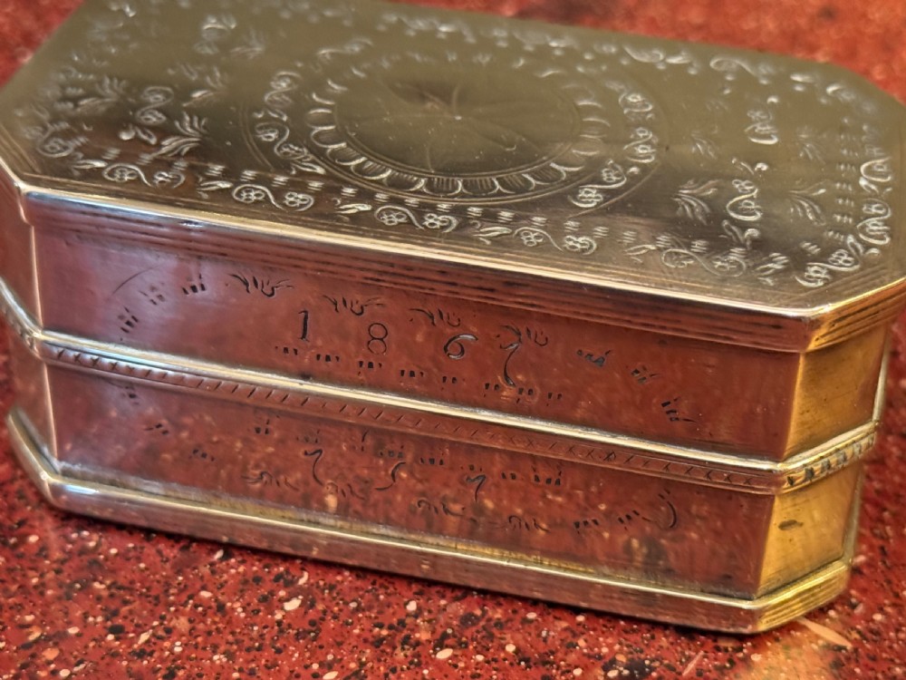 Antique Double Sided Brass Tobacco Box dated 1867 View VI