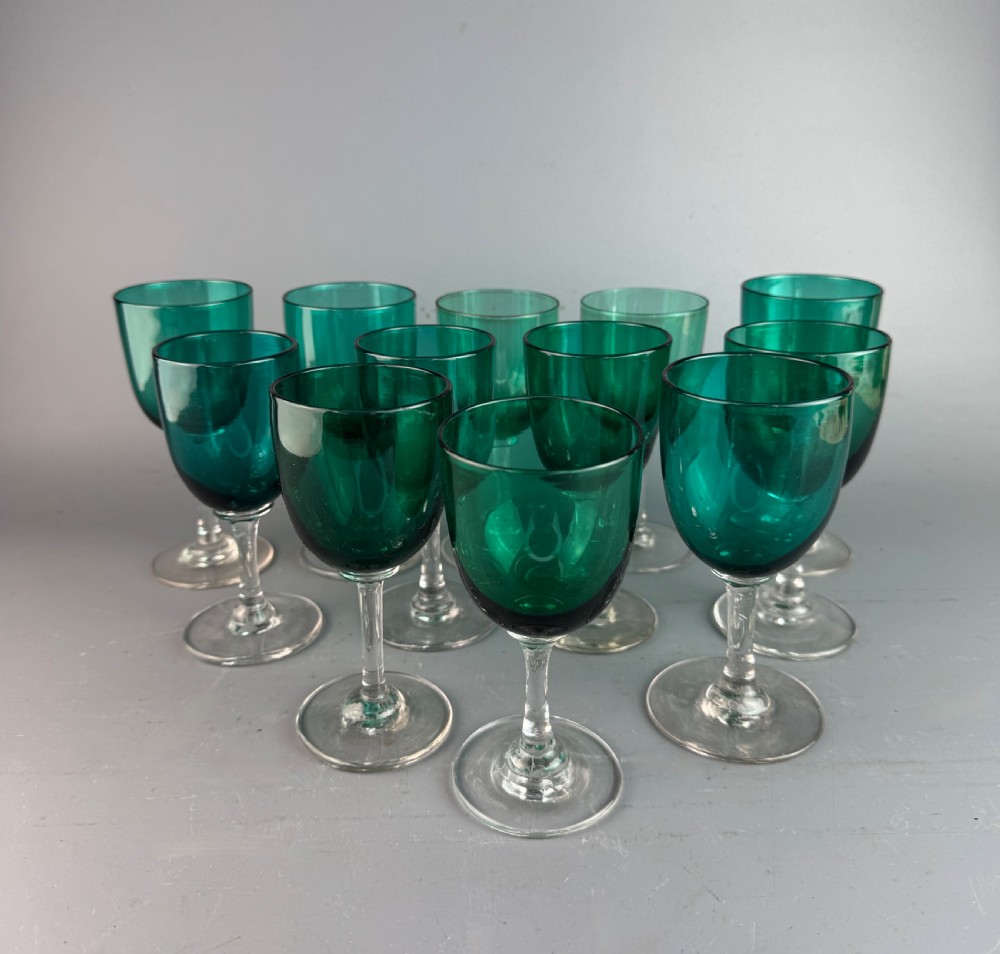 Set of Twelve Victorian Green Glass Wine Glasses