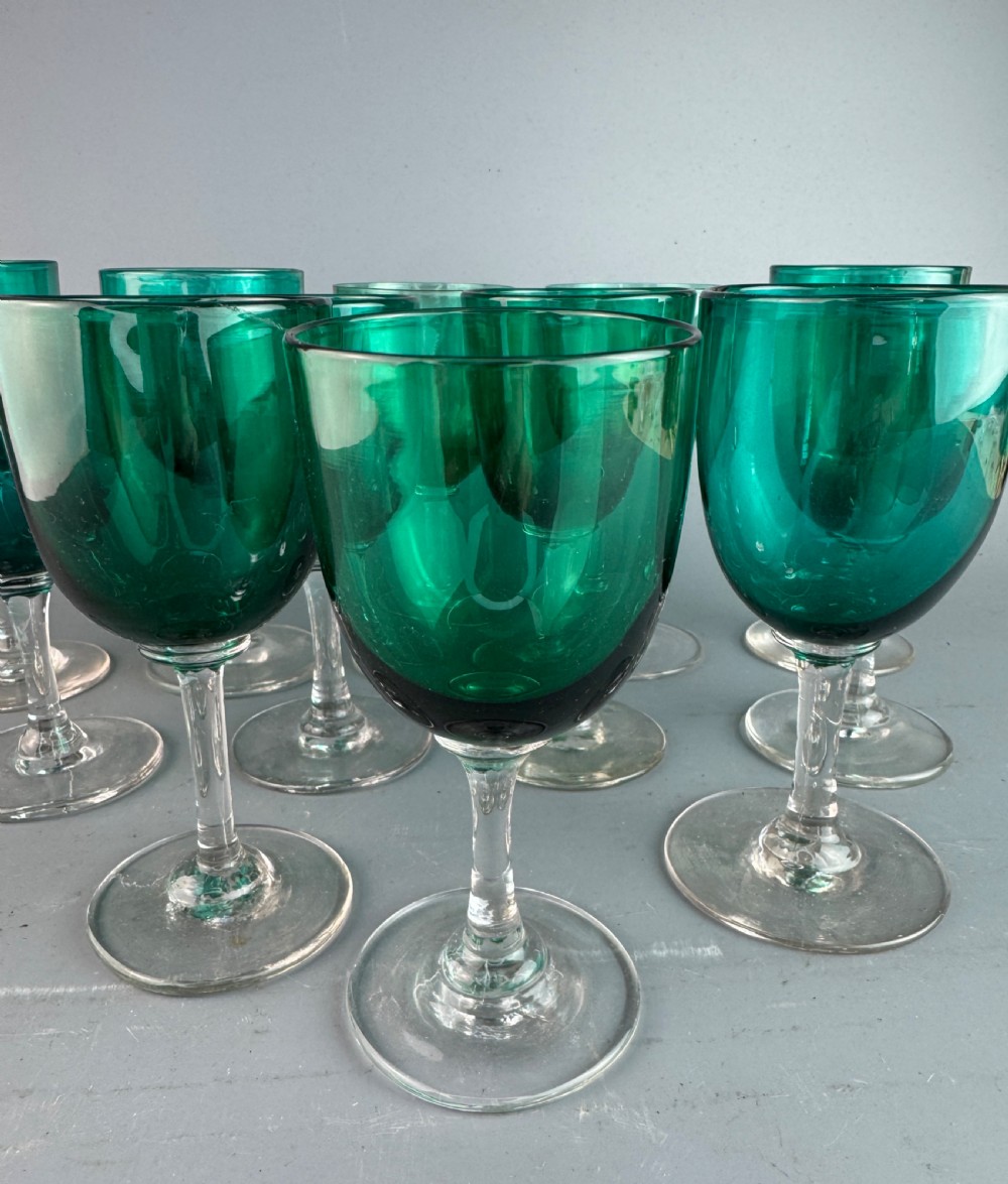 Set of Twelve Victorian Green Glass Wine Glasses View II