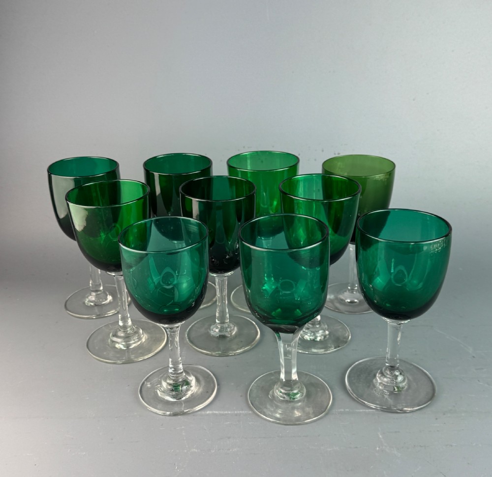 Set of Ten Victorian Green Wine Glasses
