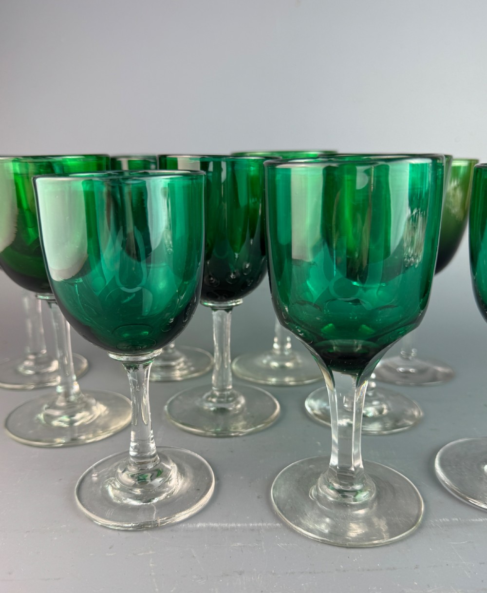 Set of Ten Victorian Green Wine Glasses View II