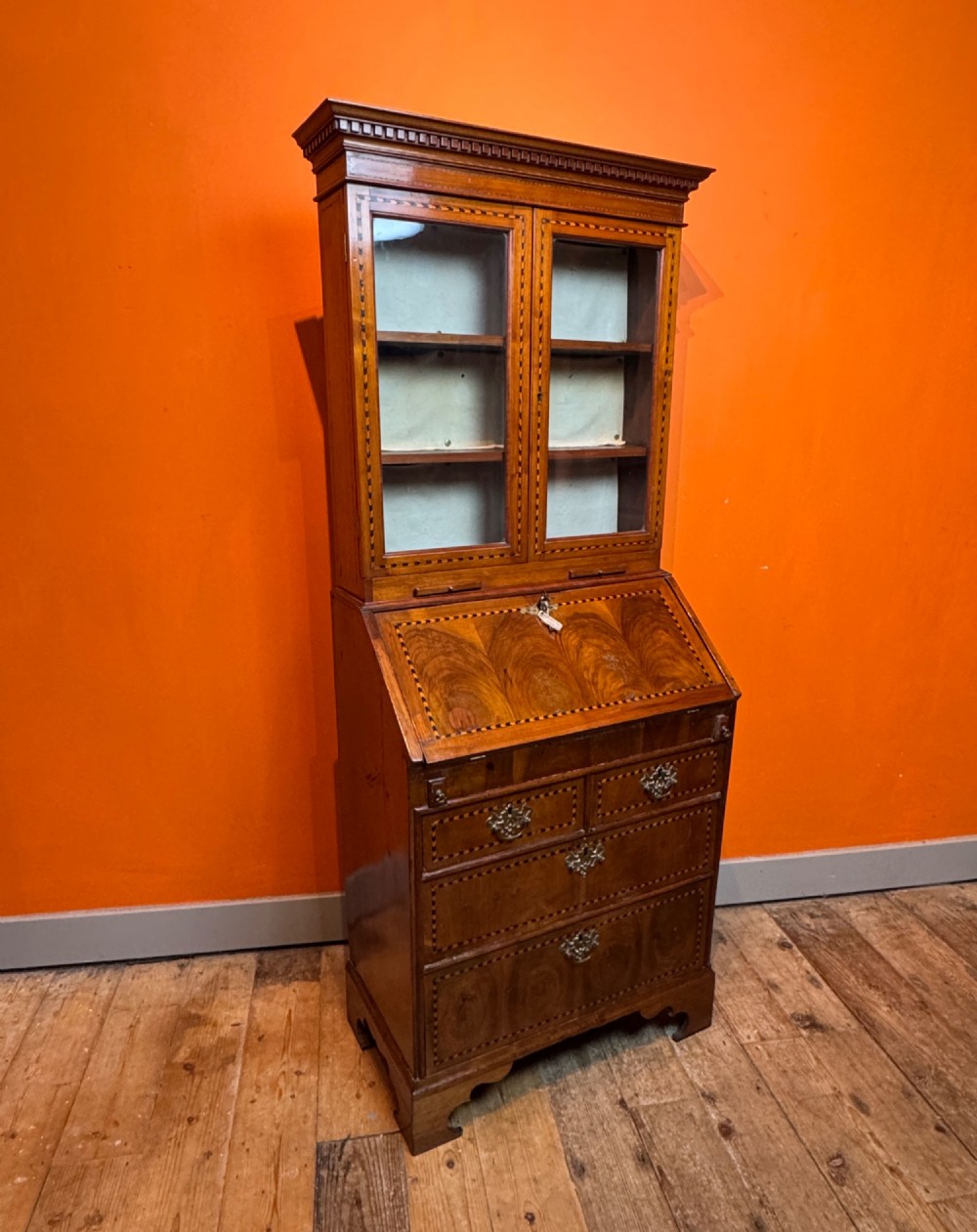 Antique Oyster Veneered & Inlaid Walnut Bureau Bookcase of Diminutive Proportions Irish Interest