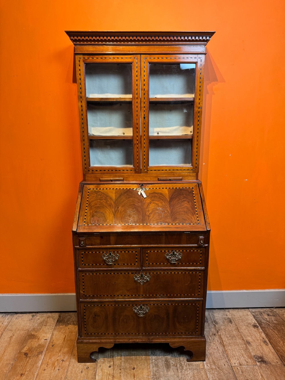 Antique Oyster Veneered & Inlaid Walnut Bureau Bookcase of Diminutive Proportions Irish Interest View II