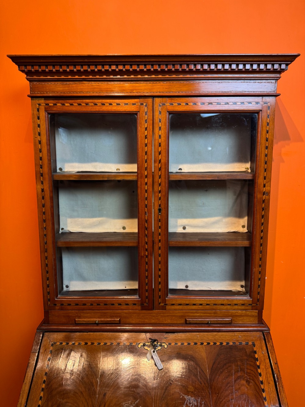 Antique Oyster Veneered & Inlaid Walnut Bureau Bookcase of Diminutive Proportions Irish Interest View III