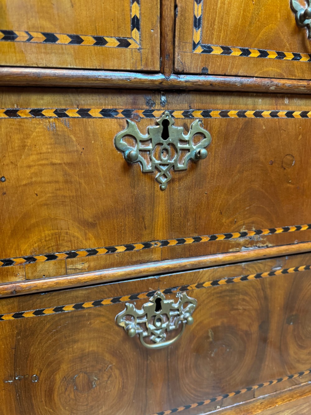 Antique Oyster Veneered & Inlaid Walnut Bureau Bookcase of Diminutive Proportions Irish Interest View VI