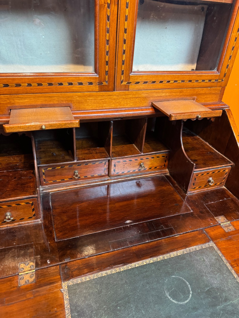 Antique Oyster Veneered & Inlaid Walnut Bureau Bookcase of Diminutive Proportions Irish Interest View VII
