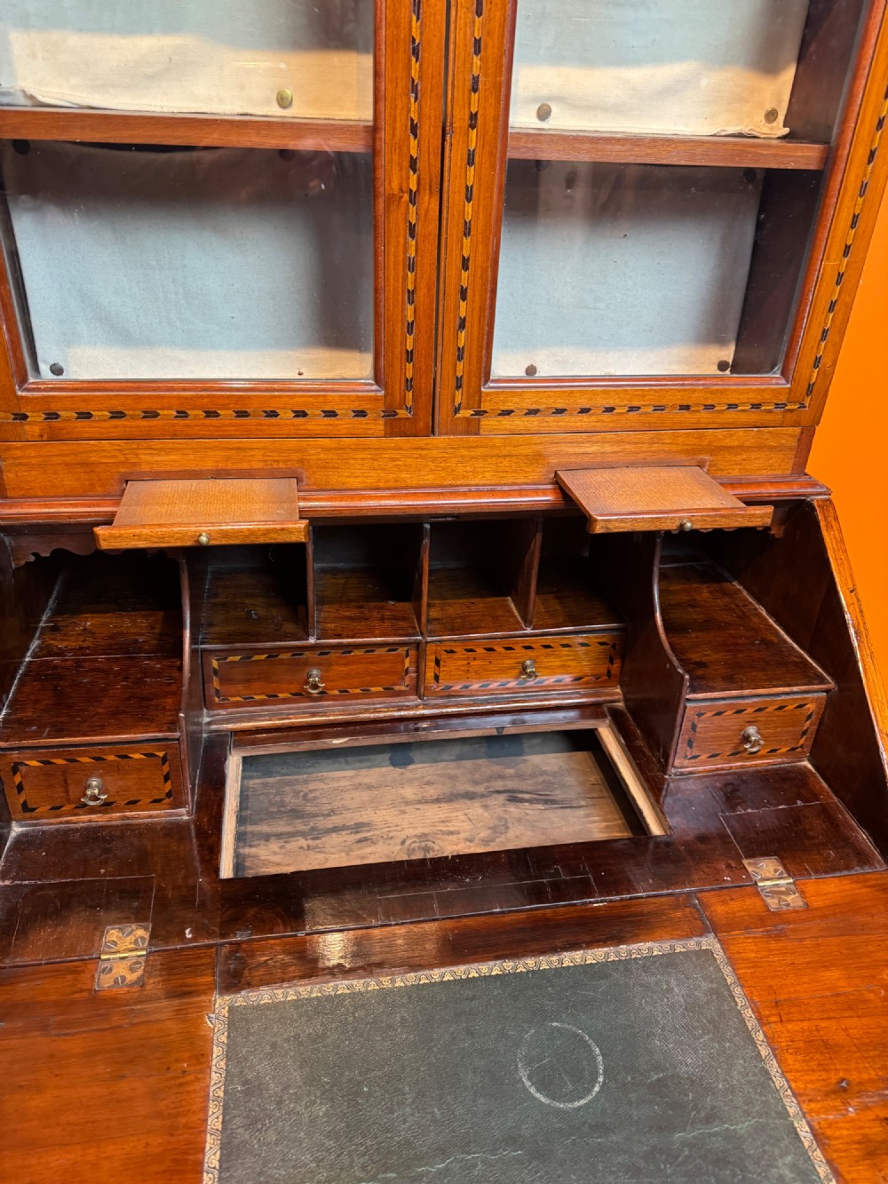 Antique Oyster Veneered & Inlaid Walnut Bureau Bookcase of Diminutive Proportions Irish Interest View VIII