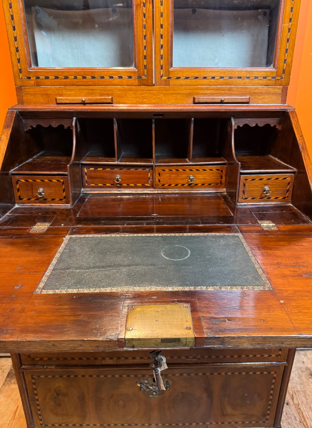 Antique Oyster Veneered & Inlaid Walnut Bureau Bookcase of Diminutive Proportions Irish Interest View IX