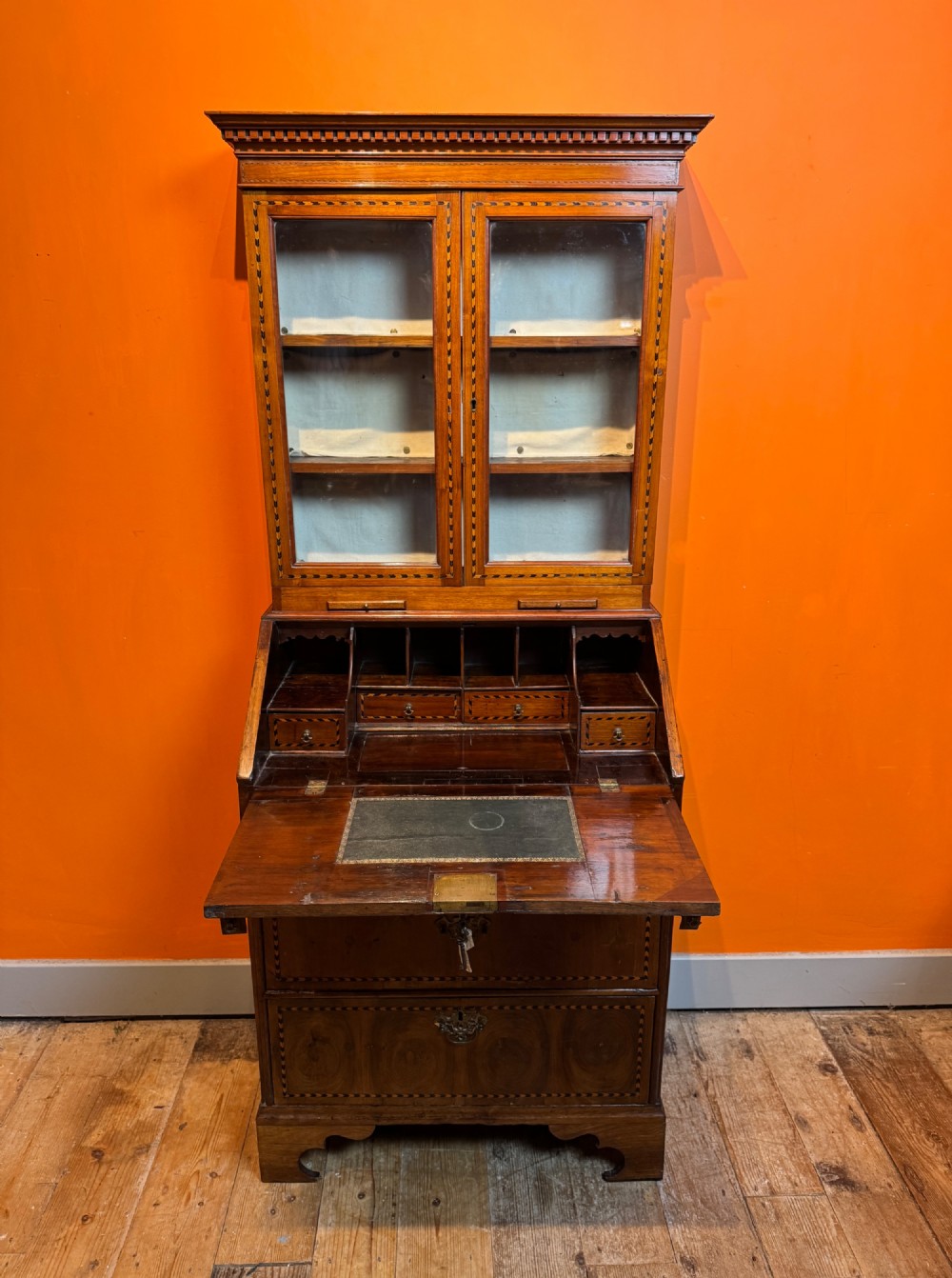Antique Oyster Veneered & Inlaid Walnut Bureau Bookcase of Diminutive Proportions Irish Interest View X