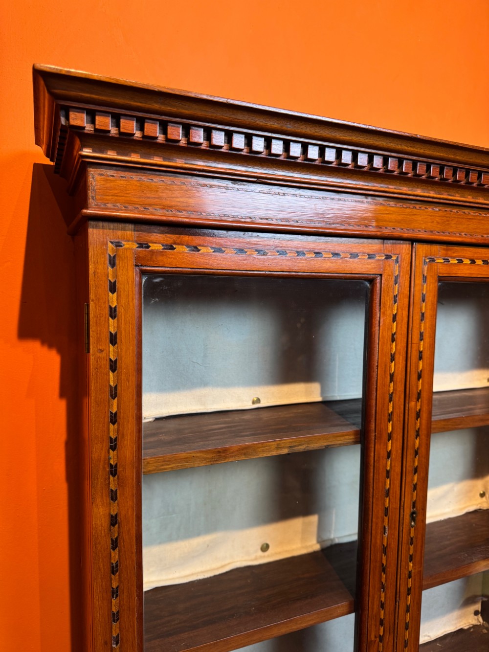 Antique Oyster Veneered & Inlaid Walnut Bureau Bookcase of Diminutive Proportions Irish Interest View XI