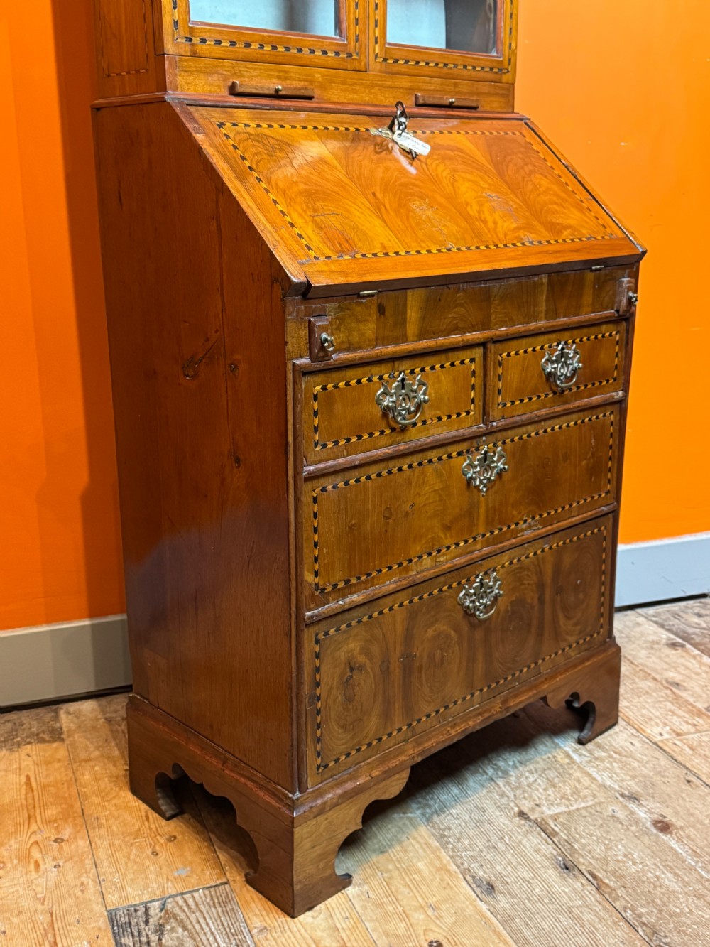 Antique Oyster Veneered & Inlaid Walnut Bureau Bookcase of Diminutive Proportions Irish Interest View XV