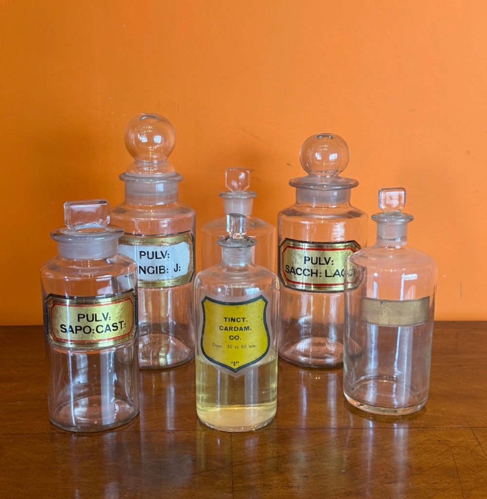 A collection of clear glass antique chemist bottles featuring ground glass stoppers and Latin apothecary labels trimmed in gold.