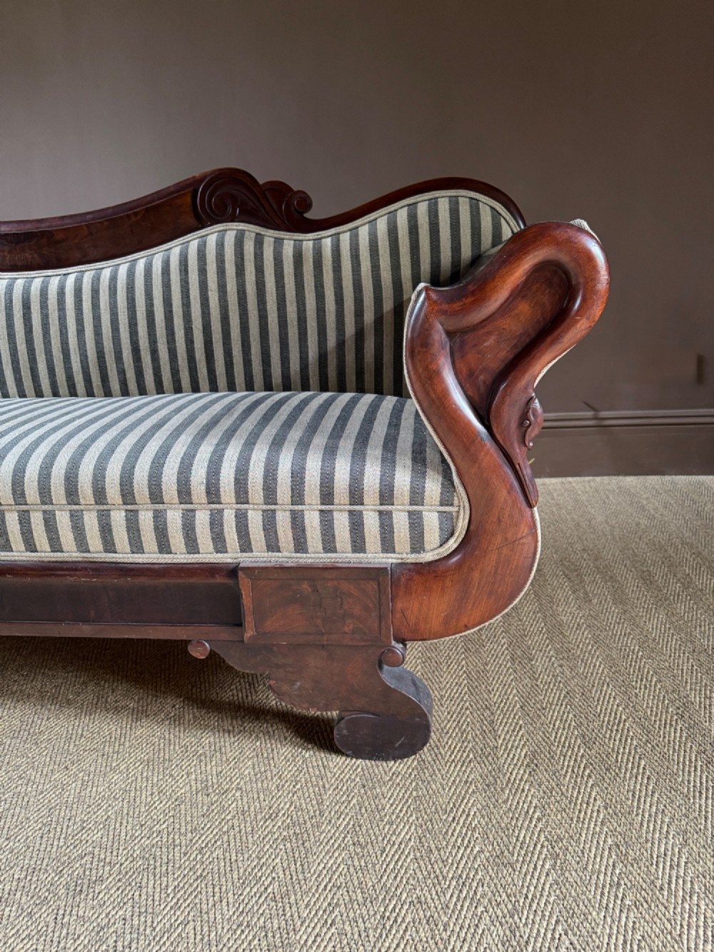 French Charles X Mahogany Sofa with Swan Neck Arms circa 1820 View III