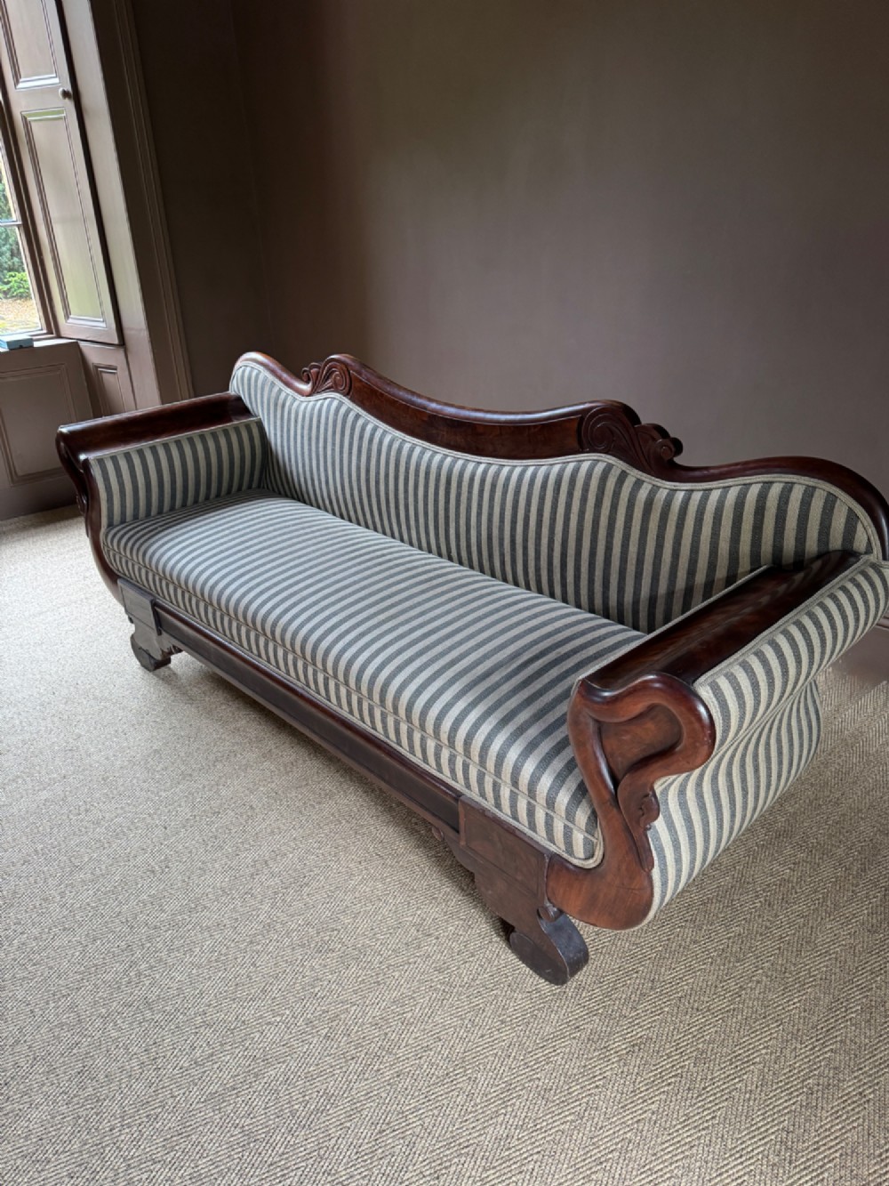 French Charles X Mahogany Sofa with Swan Neck Arms circa 1820 View V