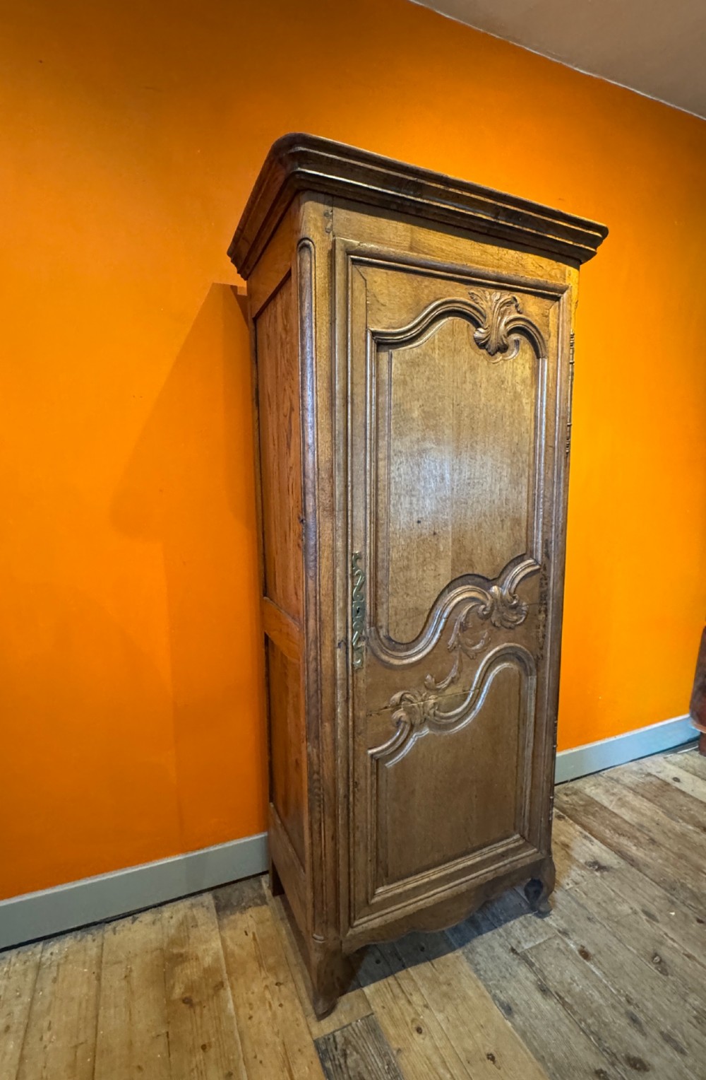 A 19th-century French oak bonnetiere featuring a single door with Louis XV style carved foliate mouldings, long iron hinges, and cabriole feet. View II