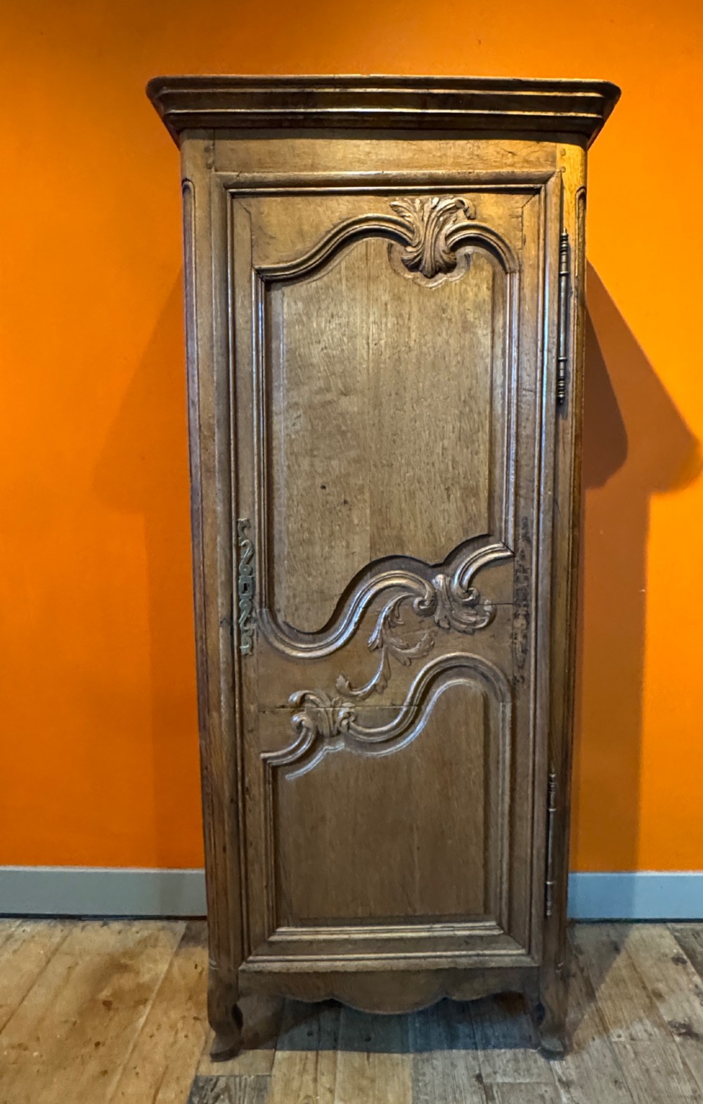A 19th-century French oak bonnetiere featuring a single door with Louis XV style carved foliate mouldings, long iron hinges, and cabriole feet. View III