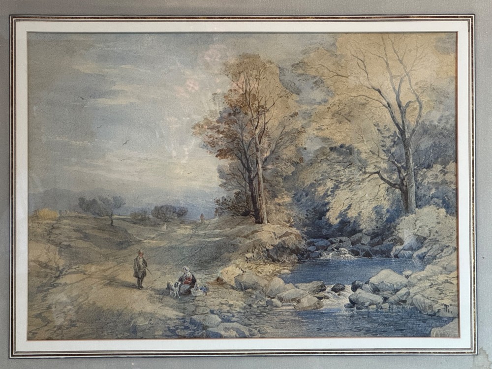 Framed landscape watercolour depicting figures beside a river with trees, presented in a cloth mount and a molded gilt frame. View III