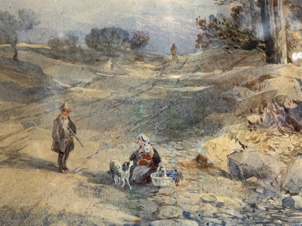 Framed landscape watercolour depicting figures beside a river with trees, presented in a cloth mount and a molded gilt frame. View IV