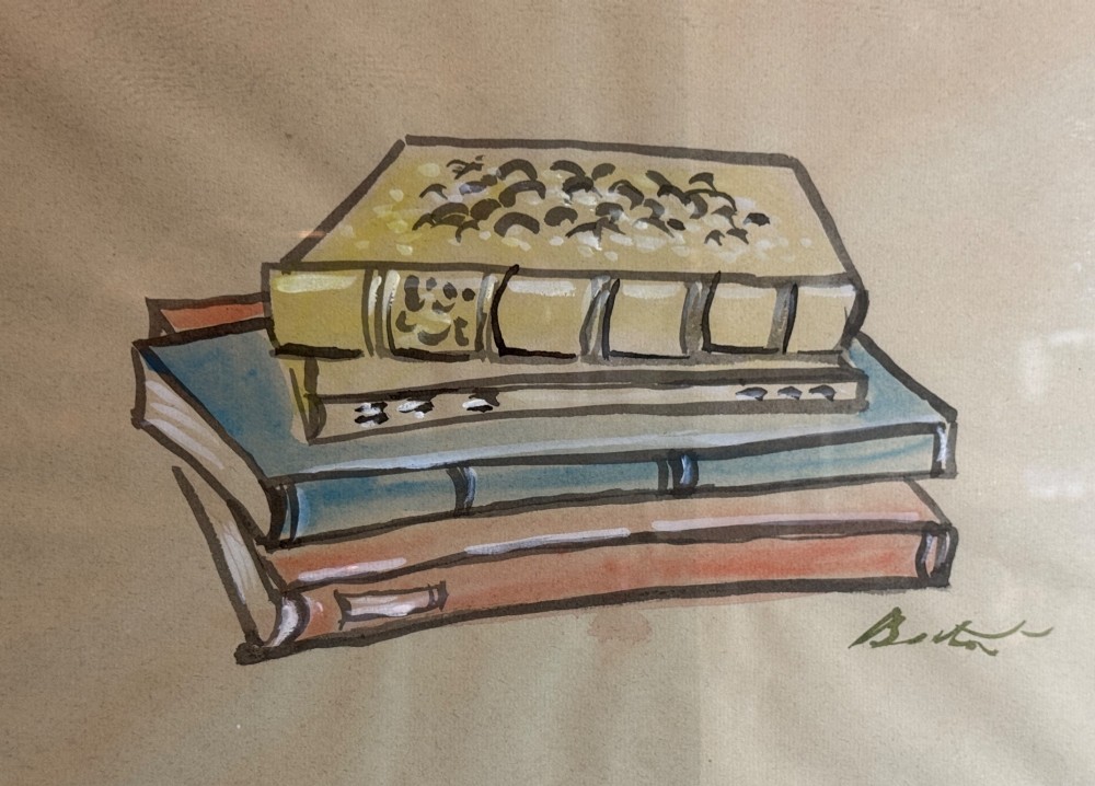 A framed watercolour and ink sketch depicting a stack of four bound books, signed by Cecil Beaton. View II