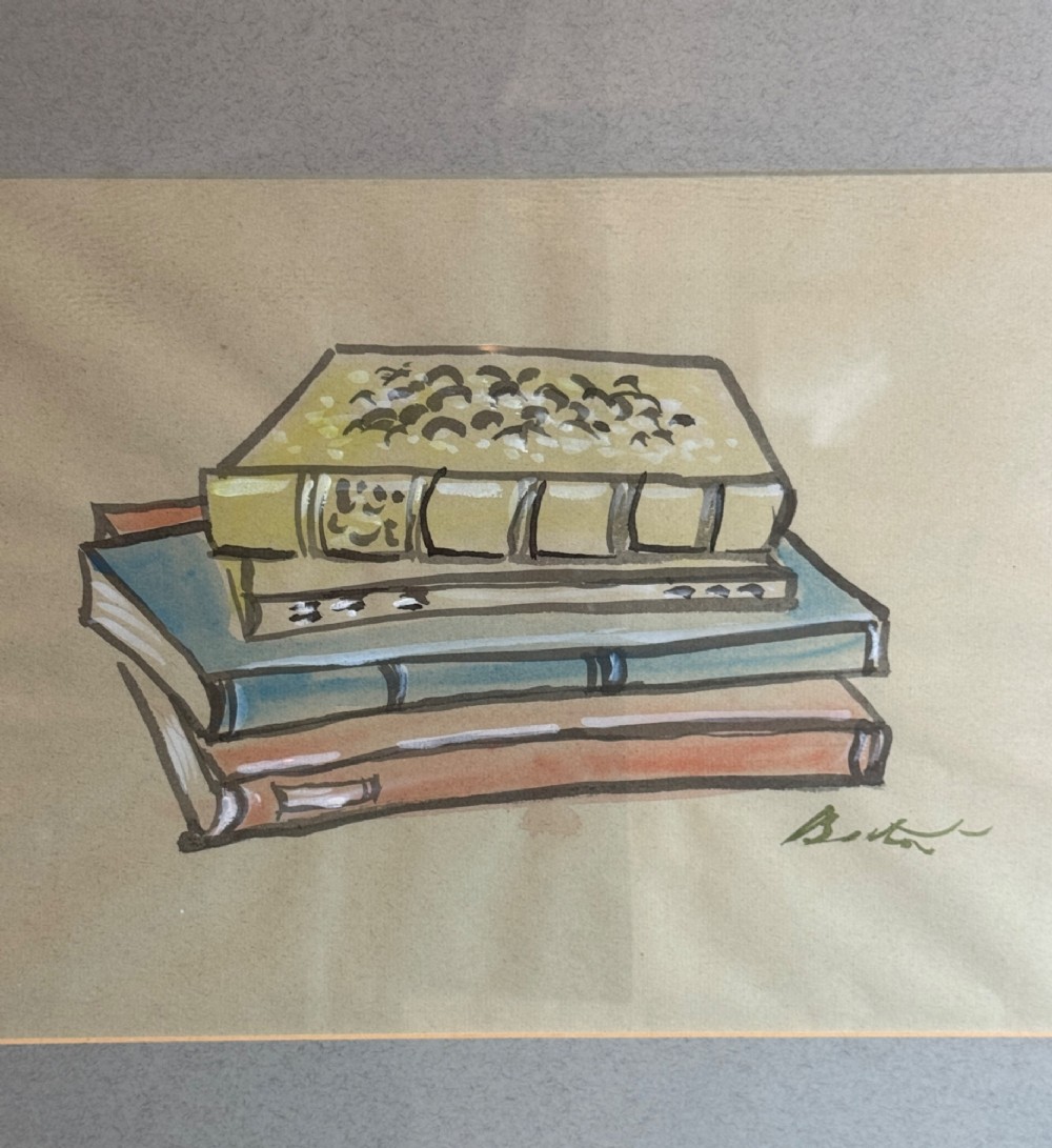 A framed watercolour and ink sketch depicting a stack of four bound books, signed by Cecil Beaton. View III