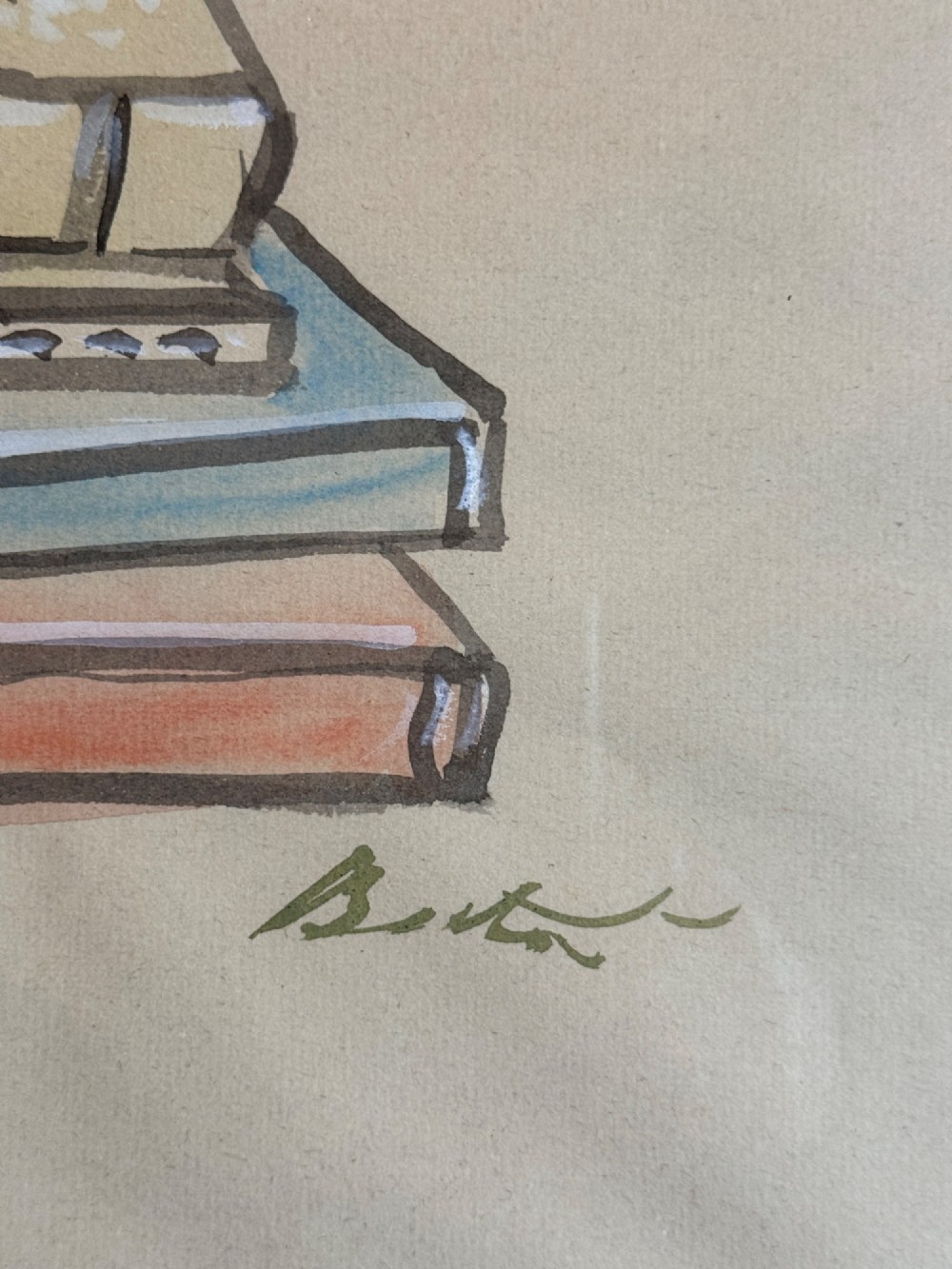 A framed watercolour and ink sketch depicting a stack of four bound books, signed by Cecil Beaton. View IV