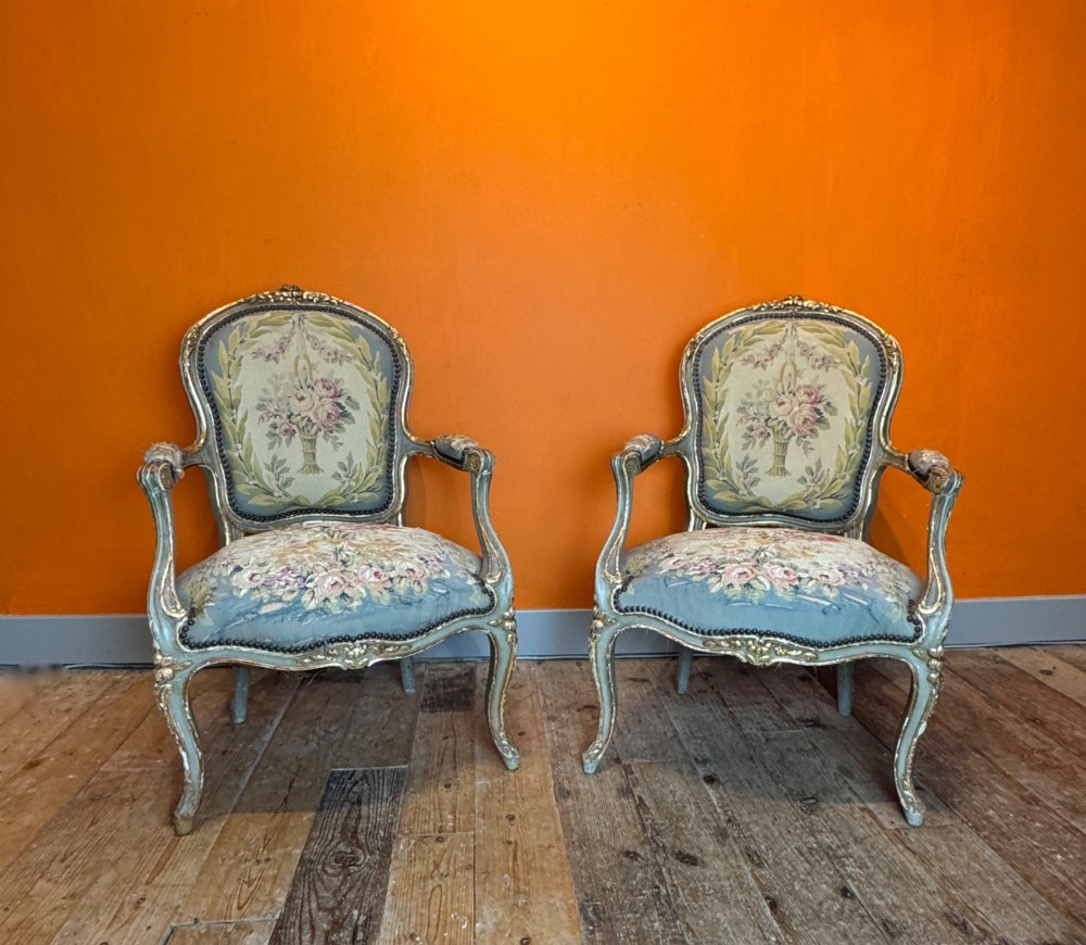 Pair of 19th Century French Painted & Parcel Gilt Armchairs with Tapestry Upholstery