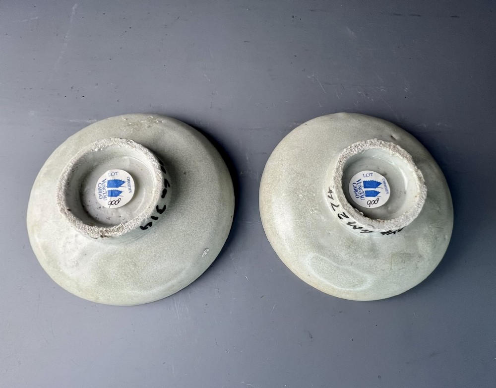 A pair of circular Chinese porcelain dishes featuring underglaze blue brushwork with visible surface seawater degradation and marine encrustations. View II