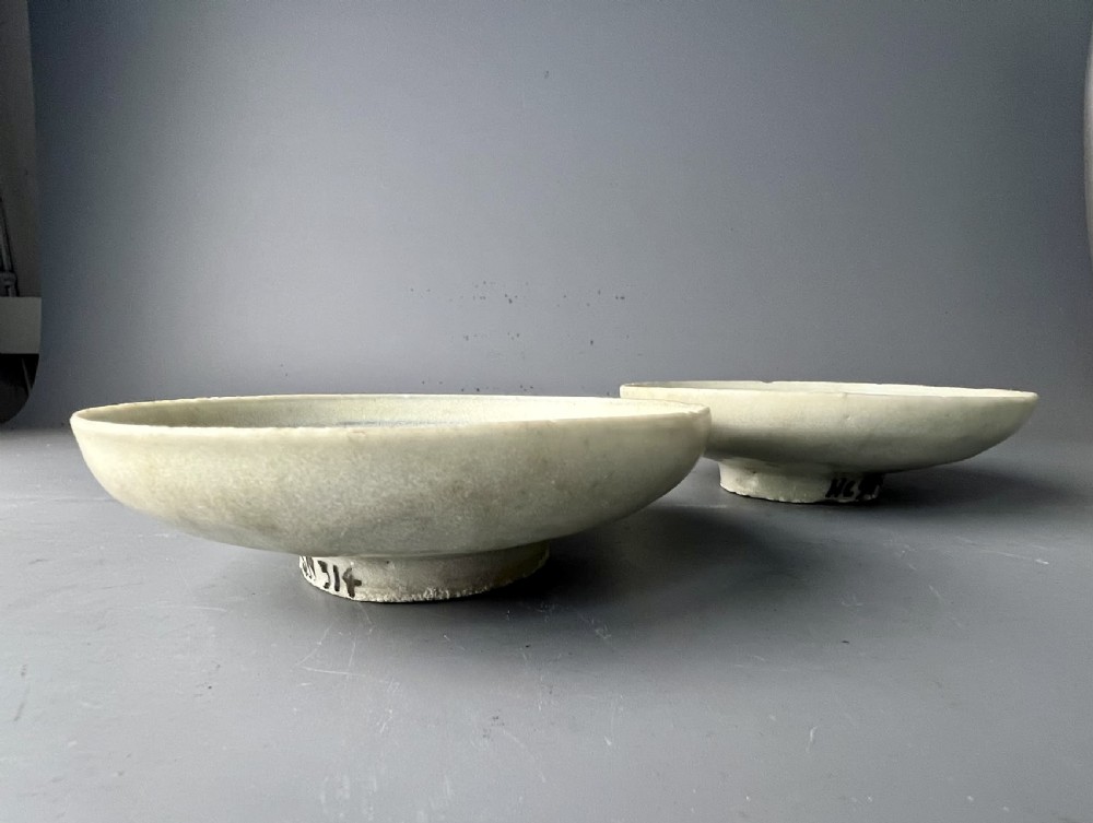 A pair of circular Chinese porcelain dishes featuring underglaze blue brushwork with visible surface seawater degradation and marine encrustations. View III