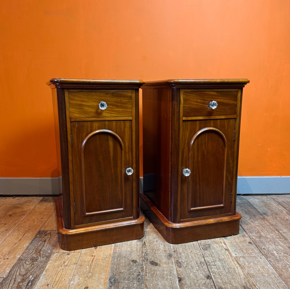 A pair of matching Victorian mahogany bedside cupboards featuring top drawers, arched panel doors, clear glass knobs, and plinth bases.