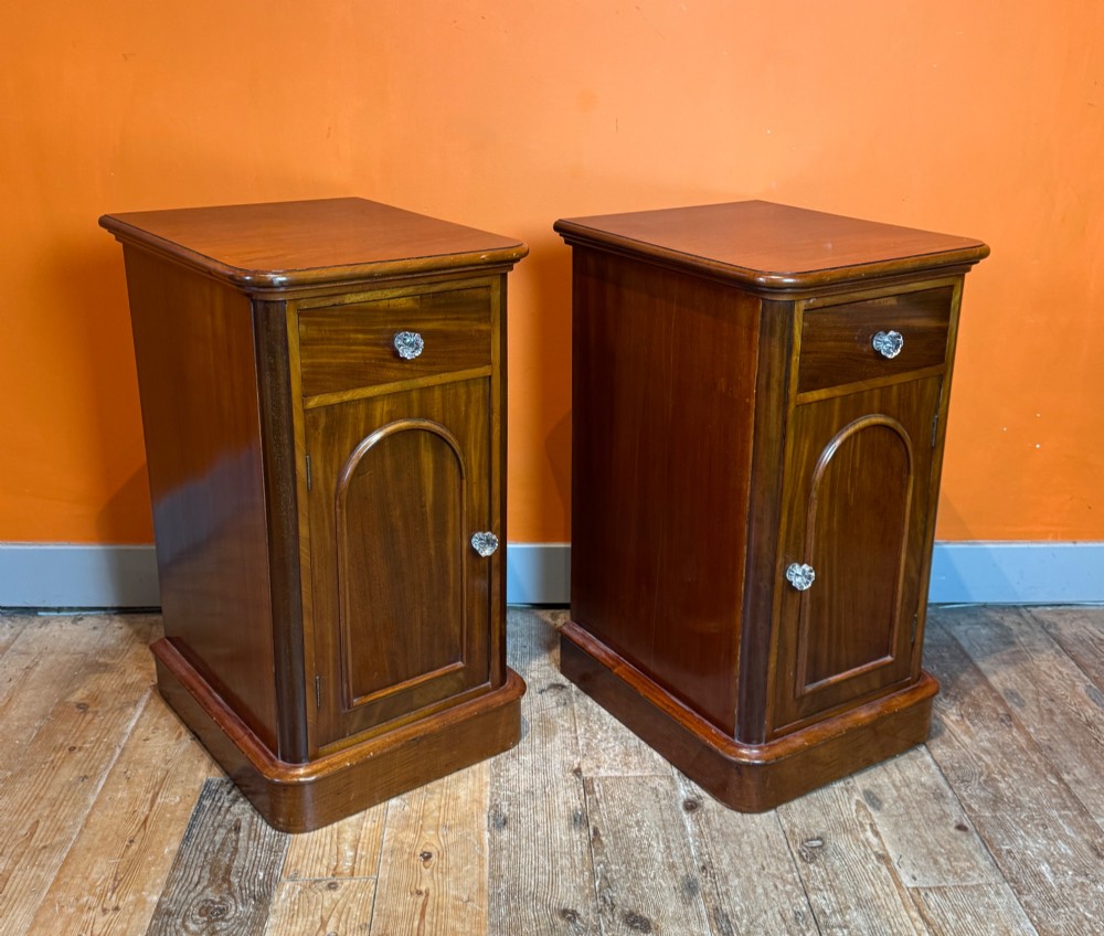 A pair of matching Victorian mahogany bedside cupboards featuring top drawers, arched panel doors, clear glass knobs, and plinth bases. View II