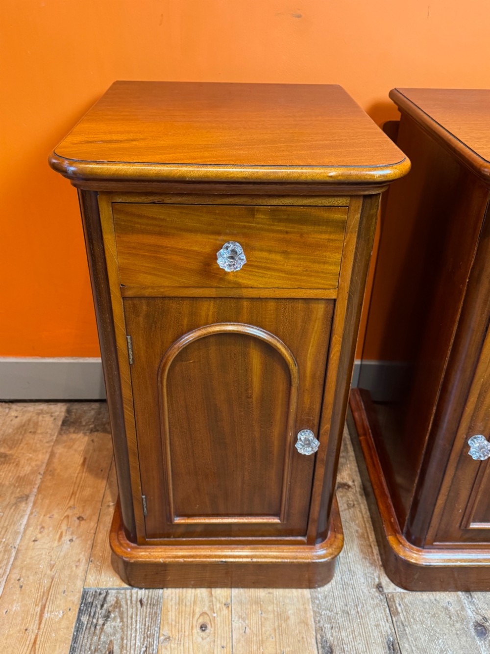 A pair of matching Victorian mahogany bedside cupboards featuring top drawers, arched panel doors, clear glass knobs, and plinth bases. View III
