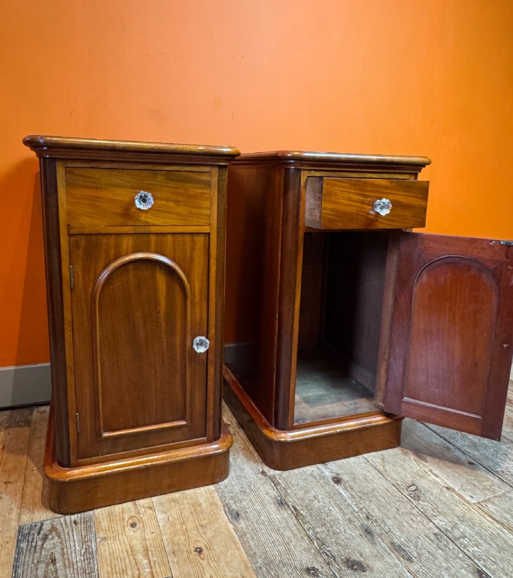 A pair of matching Victorian mahogany bedside cupboards featuring top drawers, arched panel doors, clear glass knobs, and plinth bases. View IV