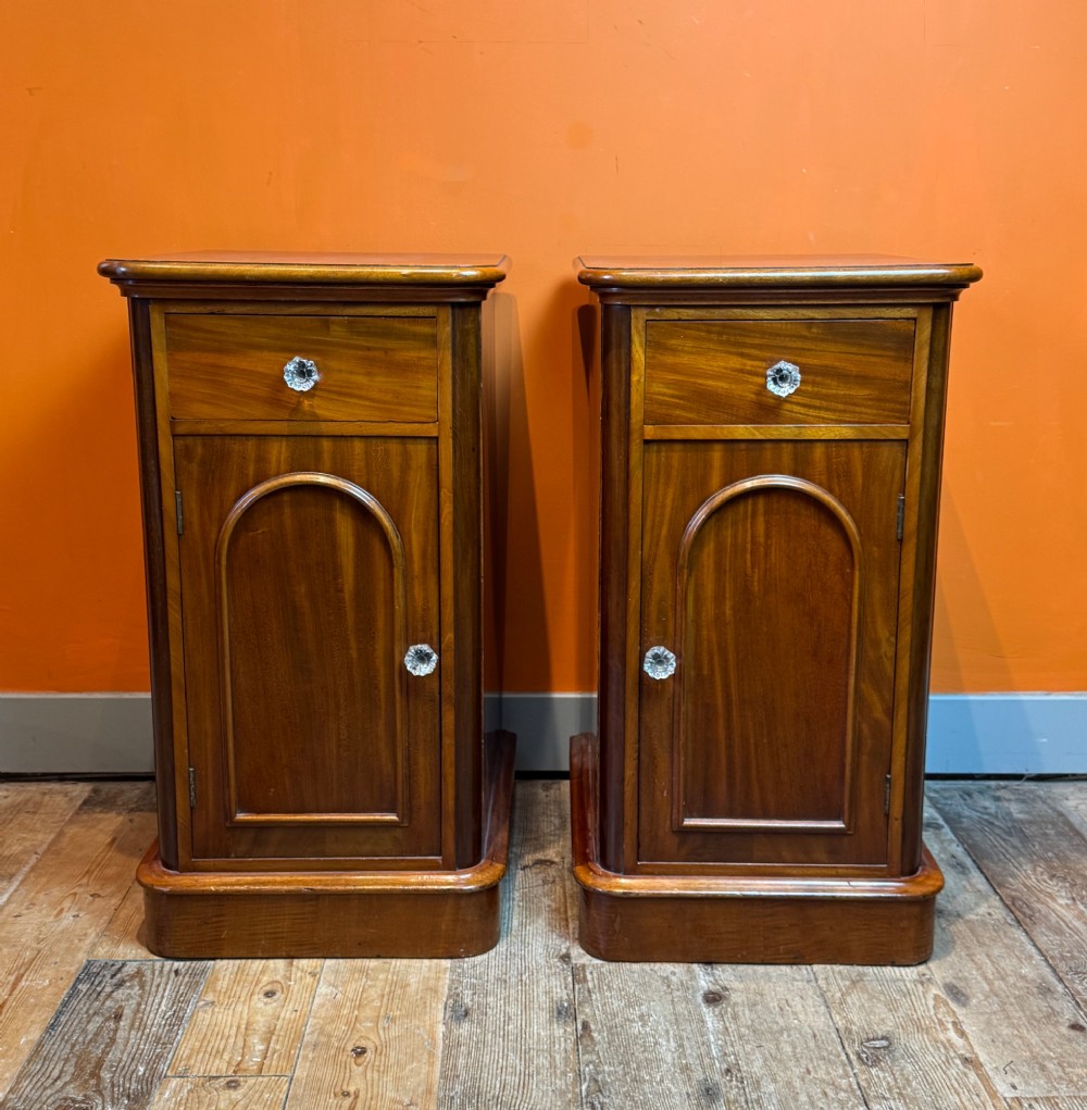 A pair of matching Victorian mahogany bedside cupboards featuring top drawers, arched panel doors, clear glass knobs, and plinth bases. View V