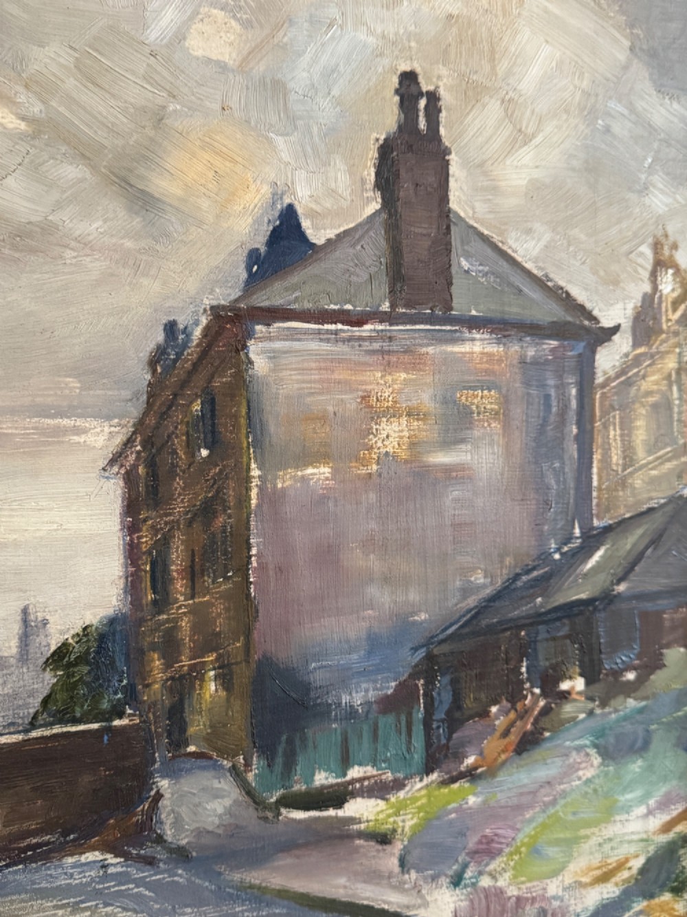 A large framed mid-century oil painting depicting barges along Regents Canal beside a timber yard in muted grey and brown tones. View III