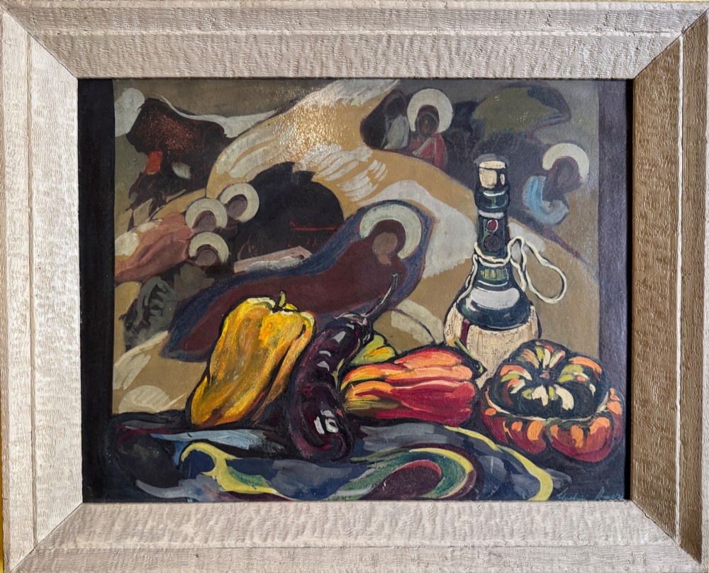 Still Life of Peppers, Gourds and Wine Bottle by Evelyn Harris, circa 1950, Oil on Board