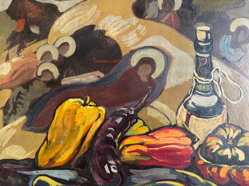 Still Life of Peppers, Gourds and Wine Bottle by Evelyn Harris, circa 1950, Oil on Board View II