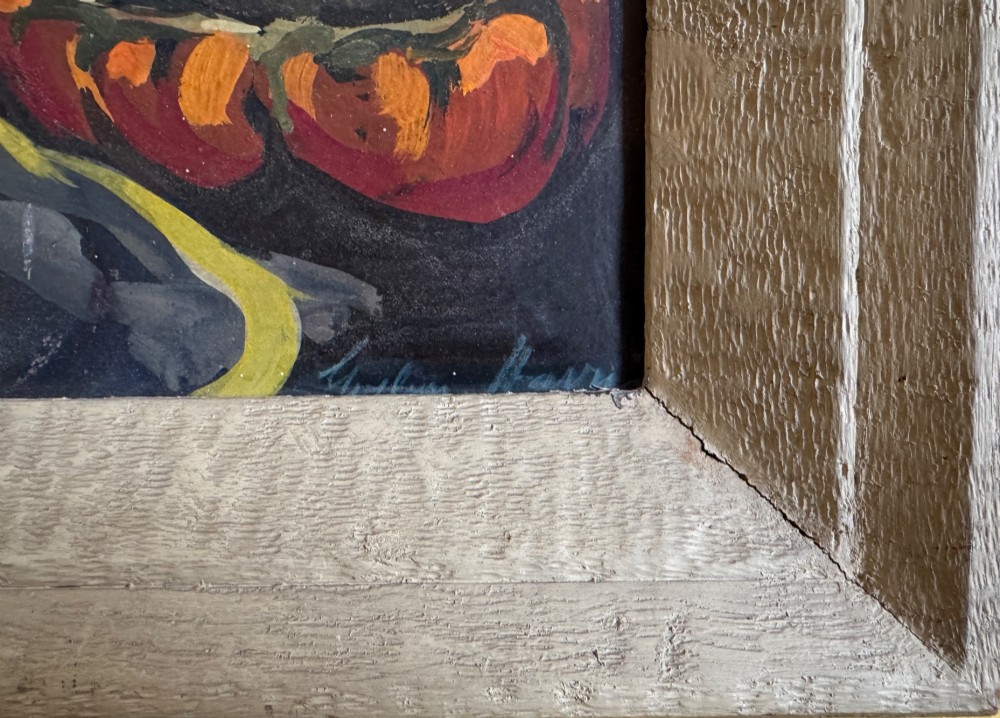 Still Life of Peppers, Gourds and Wine Bottle by Evelyn Harris, circa 1950, Oil on Board View IV
