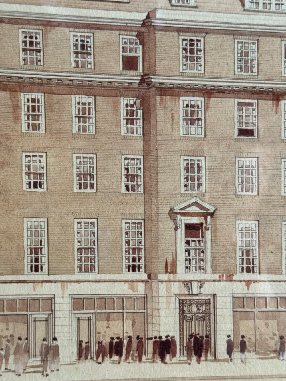 A framed 1920s sepia architectural watercolour rendering depicting the facade of Three Kings House in London, presented within a wide cream mount and dark wooden frame. View II