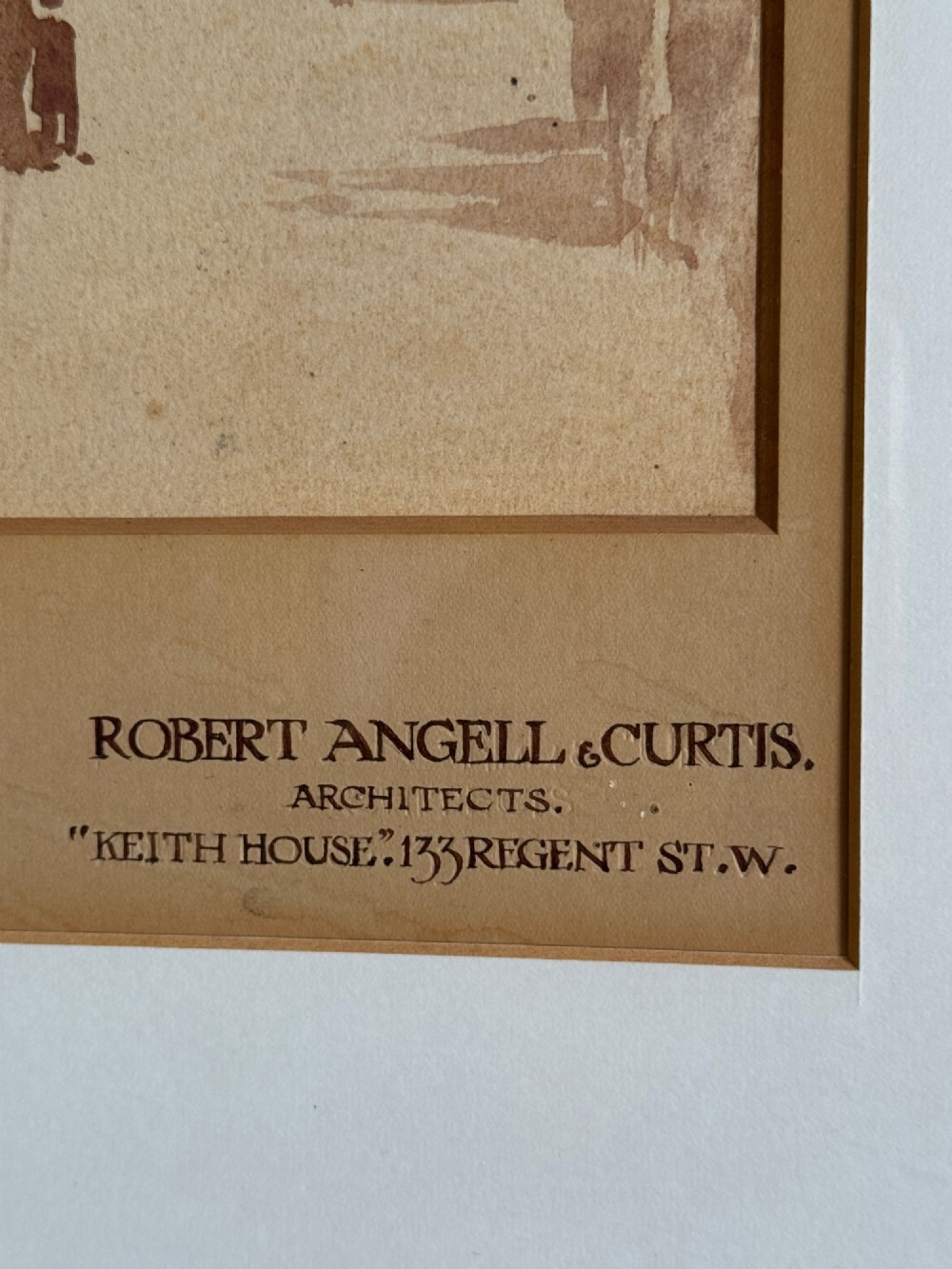 A framed 1920s sepia architectural watercolour rendering depicting the facade of Three Kings House in London, presented within a wide cream mount and dark wooden frame. View III