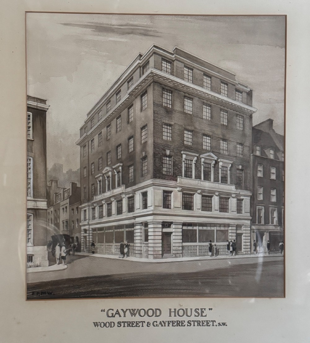A framed 1920s monochrome architectural watercolour drawing of Gaywood House in Westminster, depicted from a street corner perspective within a black frame. View II