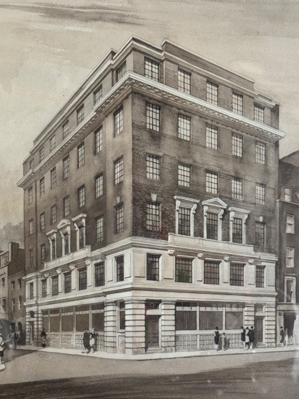 A framed 1920s monochrome architectural watercolour drawing of Gaywood House in Westminster, depicted from a street corner perspective within a black frame. View III