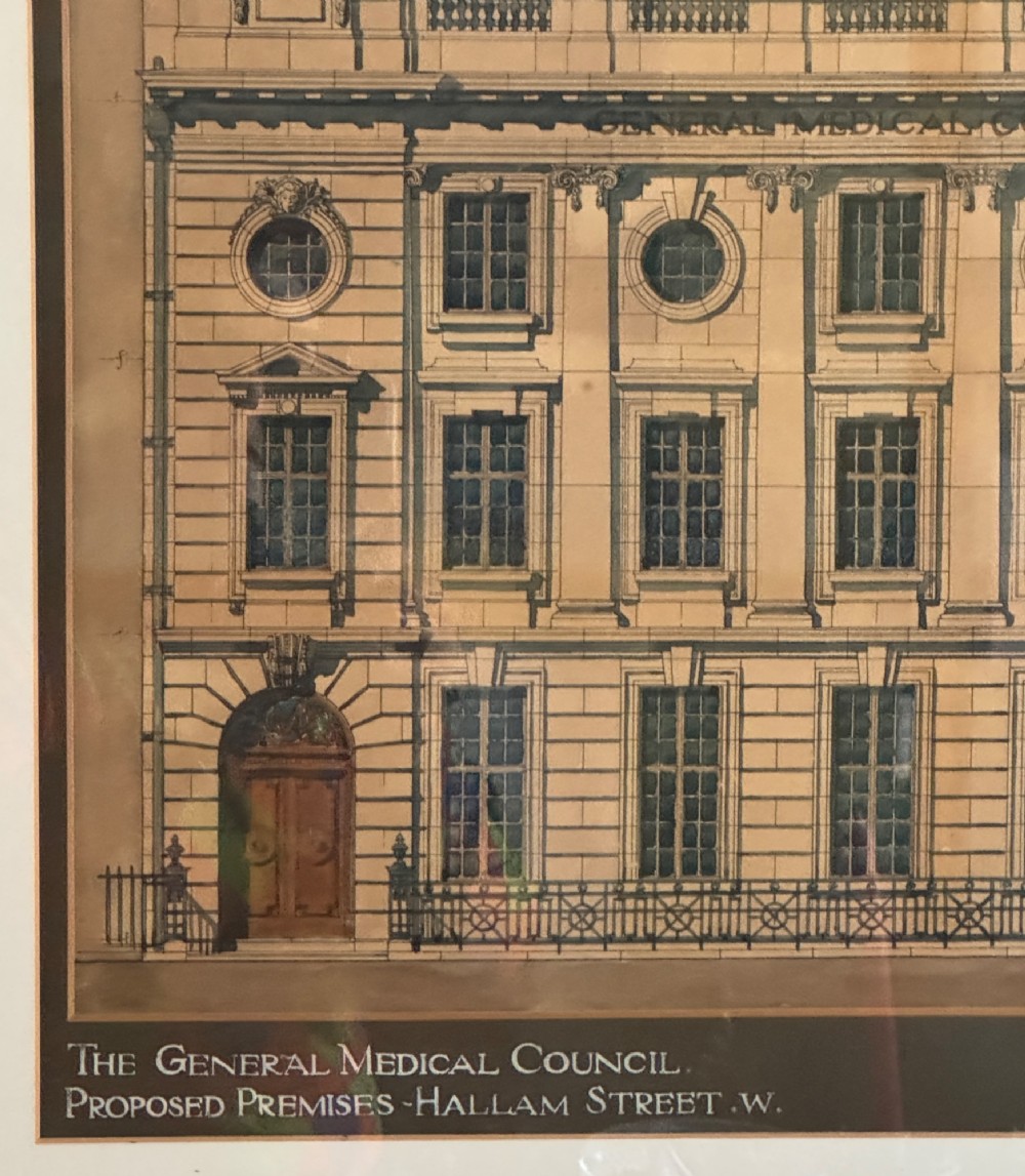 A framed architectural watercolour drawing depicting the front elevation of a Classical-style building with detailed windows and a formal title block. View V