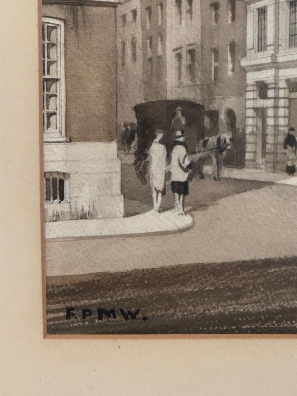 A framed 1920s monochrome architectural watercolour drawing of Gaywood House in Westminster, depicted from a street corner perspective within a black frame. View V