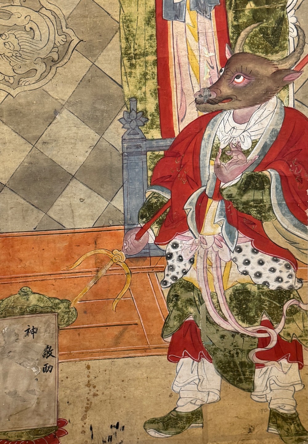 A vertical 19th-century Chinese hanging scroll painting on a pale silk mount depicting an enthroned Daoist judge surrounded by court attendants and mythological figures in red and green ceremonial robes. View VI