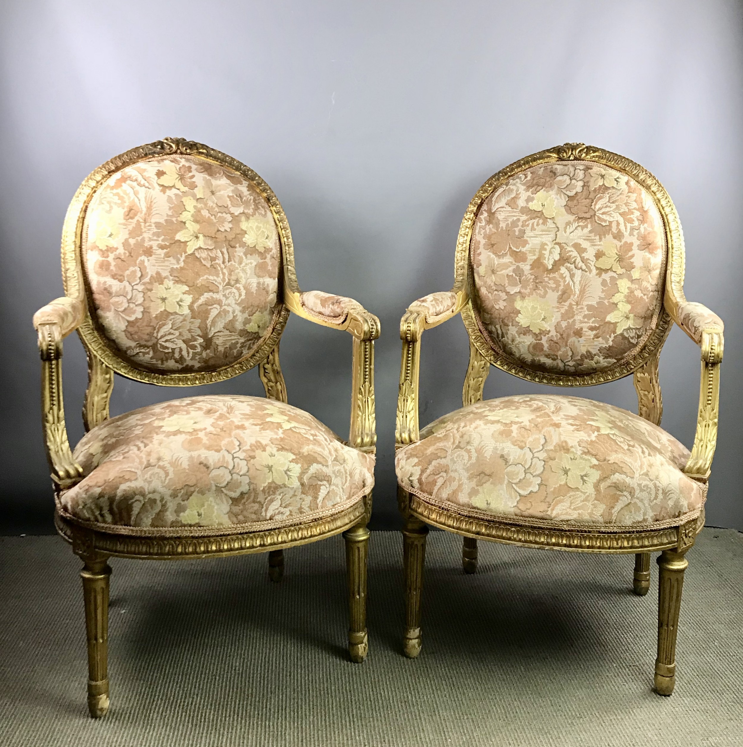 Pair Of French Giltwood Fauteuil / Armchairs In Louis Xvi Style